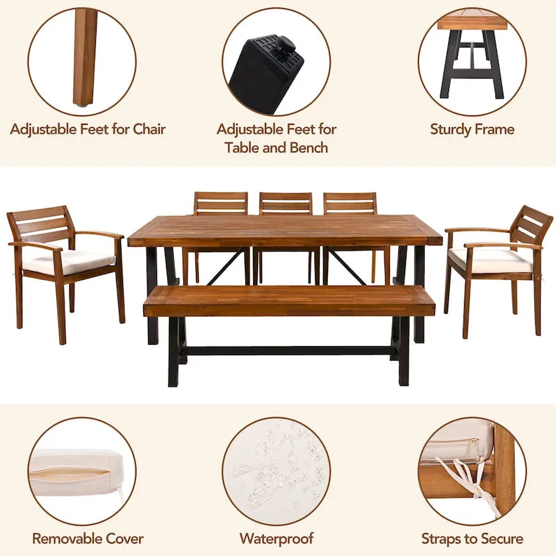 Ensemble de salle à manger d'extérieur en bois de 7 pièces, mobilier de terrasse toutes saisons avec table rectangulaire, 6 chaises et 1 banc