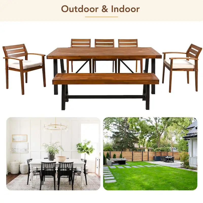 Ensemble de salle à manger d'extérieur en bois de 7 pièces, mobilier de terrasse toutes saisons avec table rectangulaire, 6 chaises et 1 banc