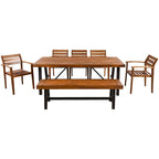 Ensemble de salle à manger d'extérieur en bois de 7 pièces, mobilier de terrasse toutes saisons avec table rectangulaire, 6 chaises et 1 banc