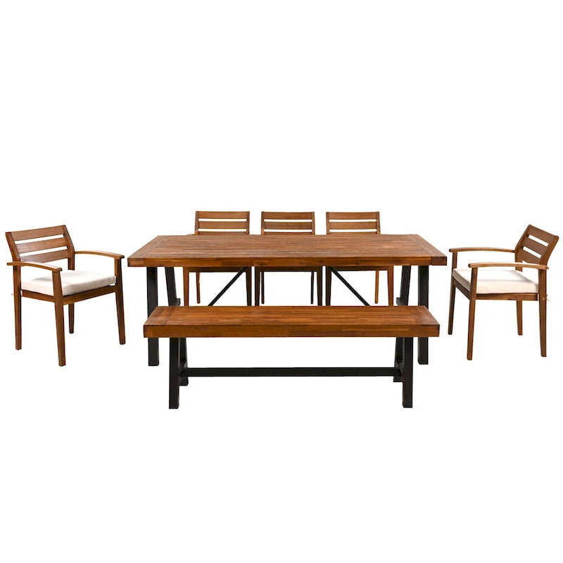Ensemble de salle à manger d'extérieur en bois de 7 pièces, mobilier de terrasse toutes saisons avec table rectangulaire, 6 chaises et 1 banc