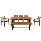 Ensemble de salle à manger d'extérieur en bois de 7 pièces, mobilier de terrasse toutes saisons avec table rectangulaire, 6 chaises et 1 banc