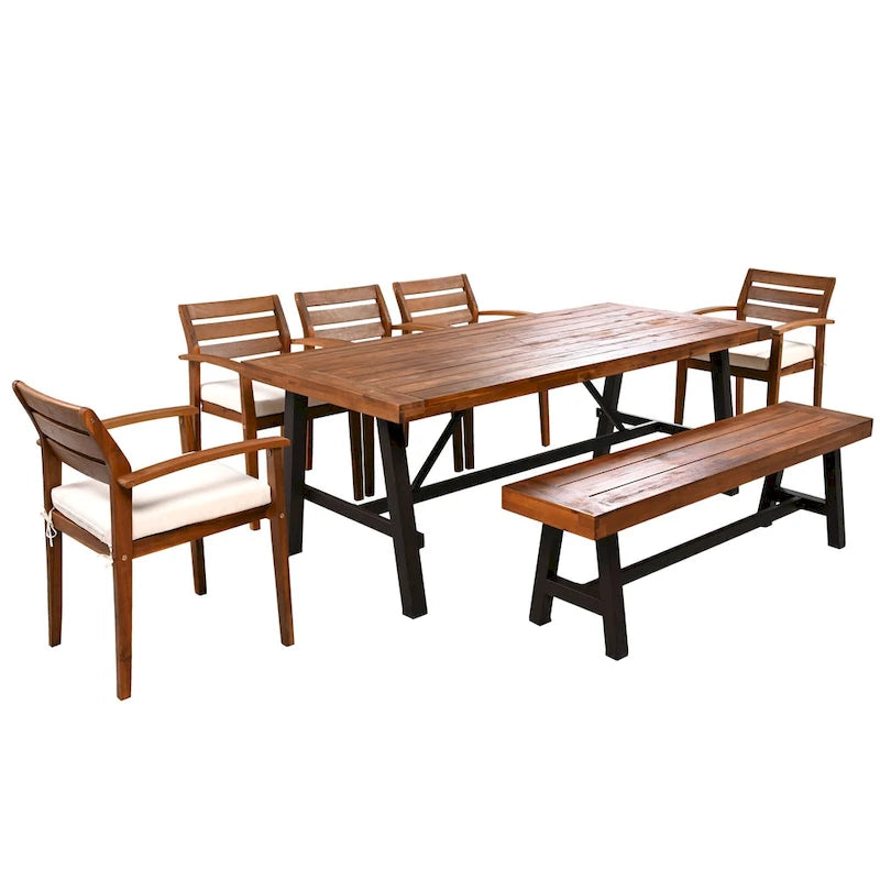 Ensemble de salle à manger d'extérieur en bois de 7 pièces, mobilier de terrasse toutes saisons avec table rectangulaire, 6 chaises et 1 banc