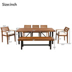 Ensemble de salle à manger d'extérieur en bois de 7 pièces, mobilier de terrasse toutes saisons avec table rectangulaire, 6 chaises et 1 banc