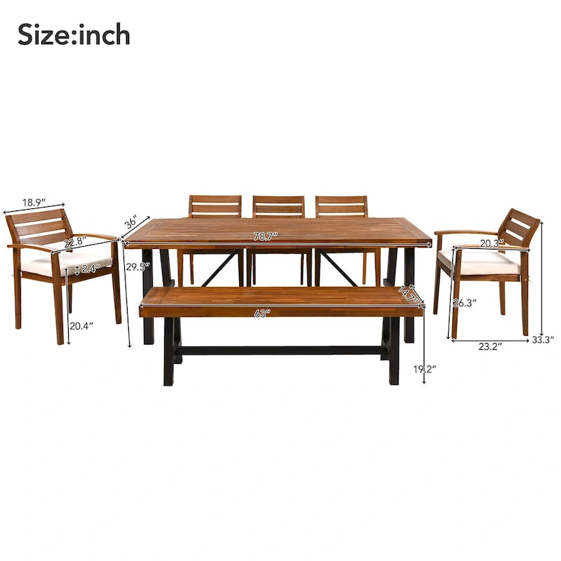 Ensemble de salle à manger d'extérieur en bois de 7 pièces, mobilier de terrasse toutes saisons avec table rectangulaire, 6 chaises et 1 banc