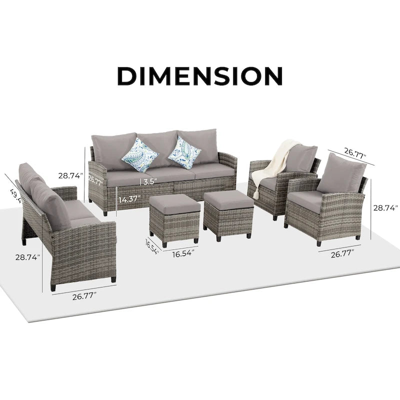 Ensemble de meubles de patio 6 pièces, canapé d'angle conversationnel en osier d'extérieur avec poufs