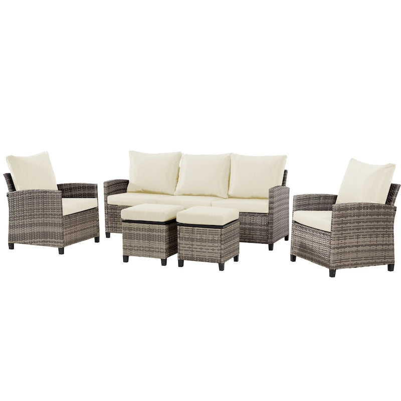 Ensemble de meubles de patio 6 pièces, canapé d'angle conversationnel en osier d'extérieur avec poufs