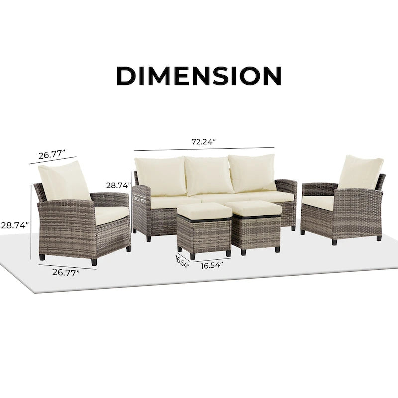 Ensemble de meubles de patio 6 pièces, canapé d'angle conversationnel en osier d'extérieur avec poufs