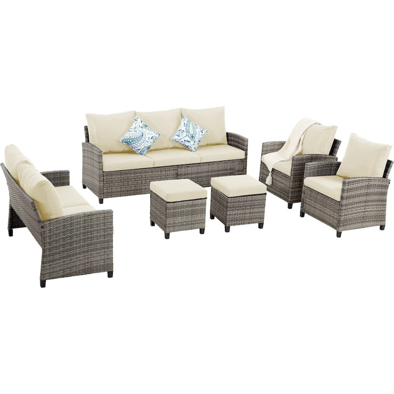 Ensemble de meubles de patio 6 pièces, canapé d'angle conversationnel en osier d'extérieur avec poufs