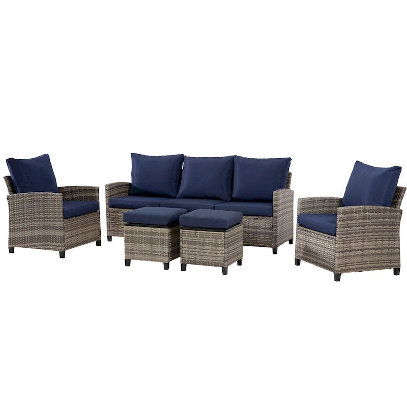 Ensemble de meubles de patio 6 pièces, canapé d'angle conversationnel en osier d'extérieur avec poufs