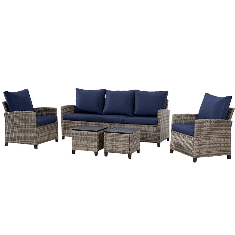 Ensemble de meubles de patio 6 pièces, canapé d'angle conversationnel en osier d'extérieur avec poufs