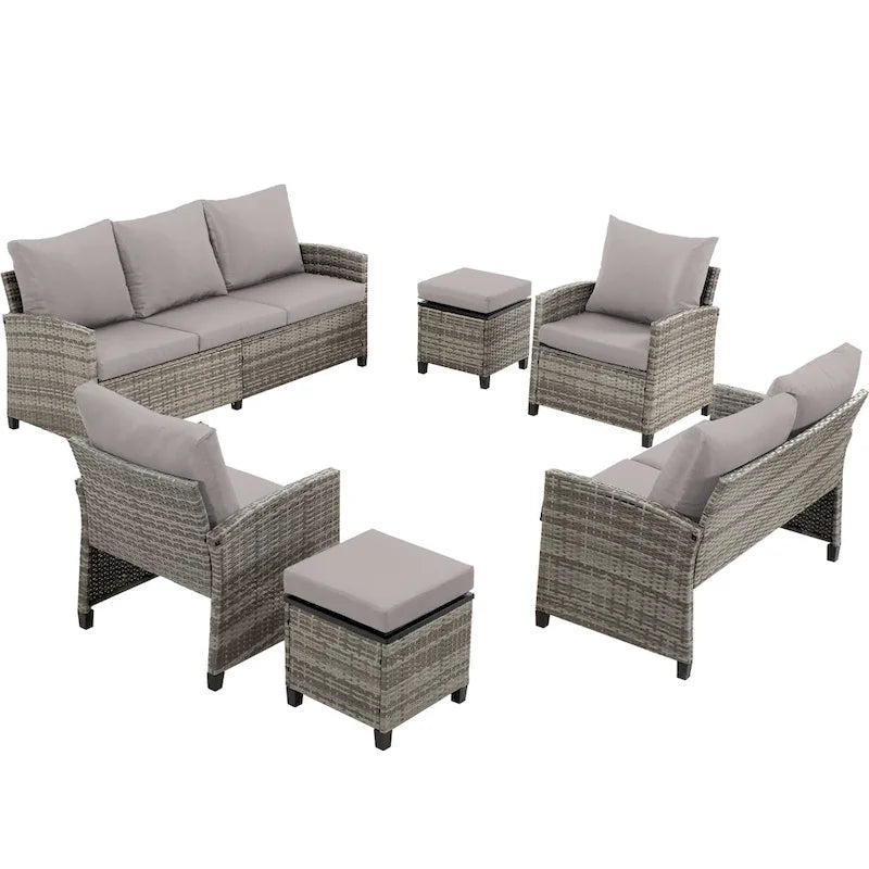 Ensemble de meubles de patio 6 pièces, canapé d'angle conversationnel en osier d'extérieur avec poufs