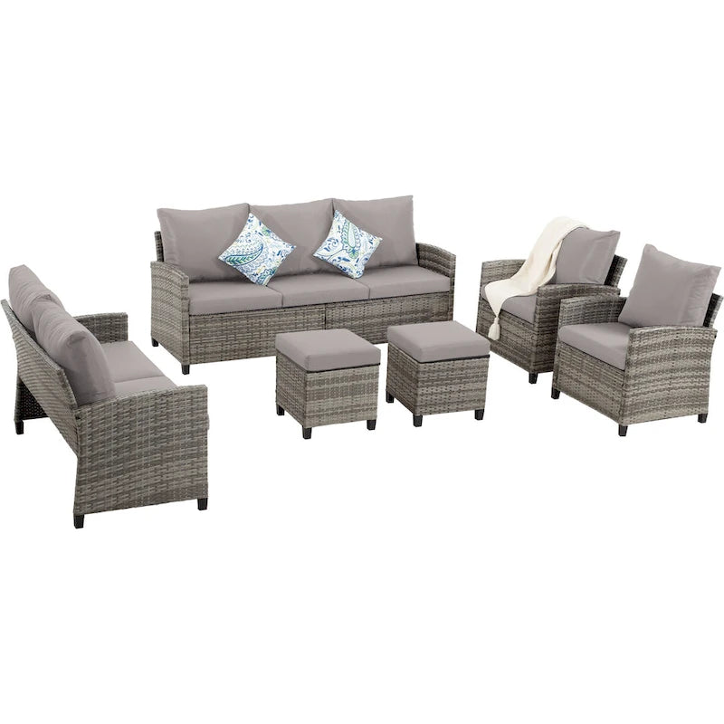 Ensemble de meubles de patio 6 pièces, canapé d'angle conversationnel en osier d'extérieur avec poufs
