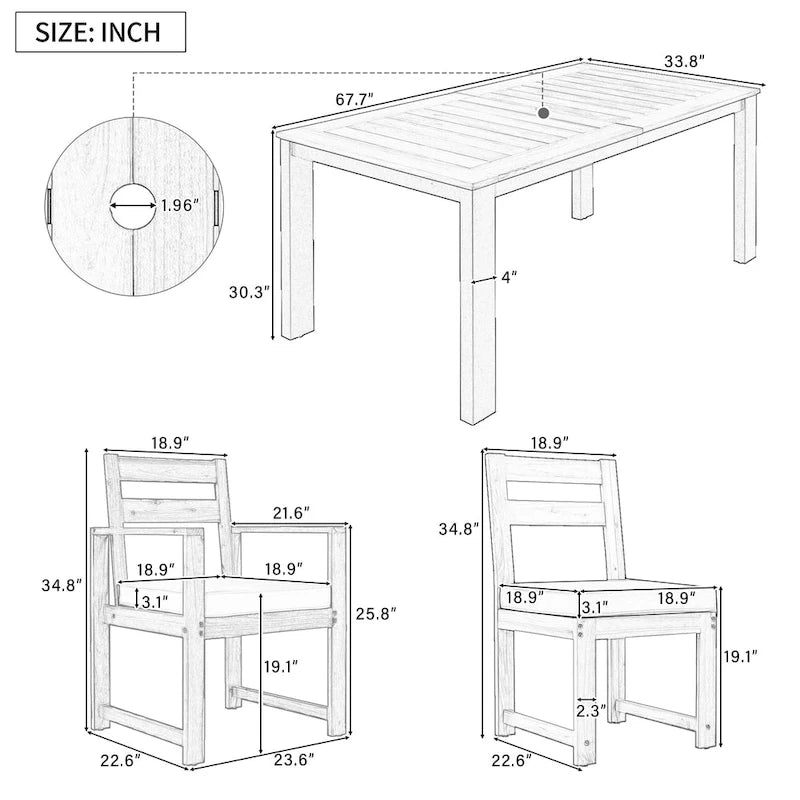 Ensemble de salle à manger d'extérieur 7 pièces en bois d'acacia avec trou pour parasol, 2 fauteuils et 4 chaises sans accoudoirs