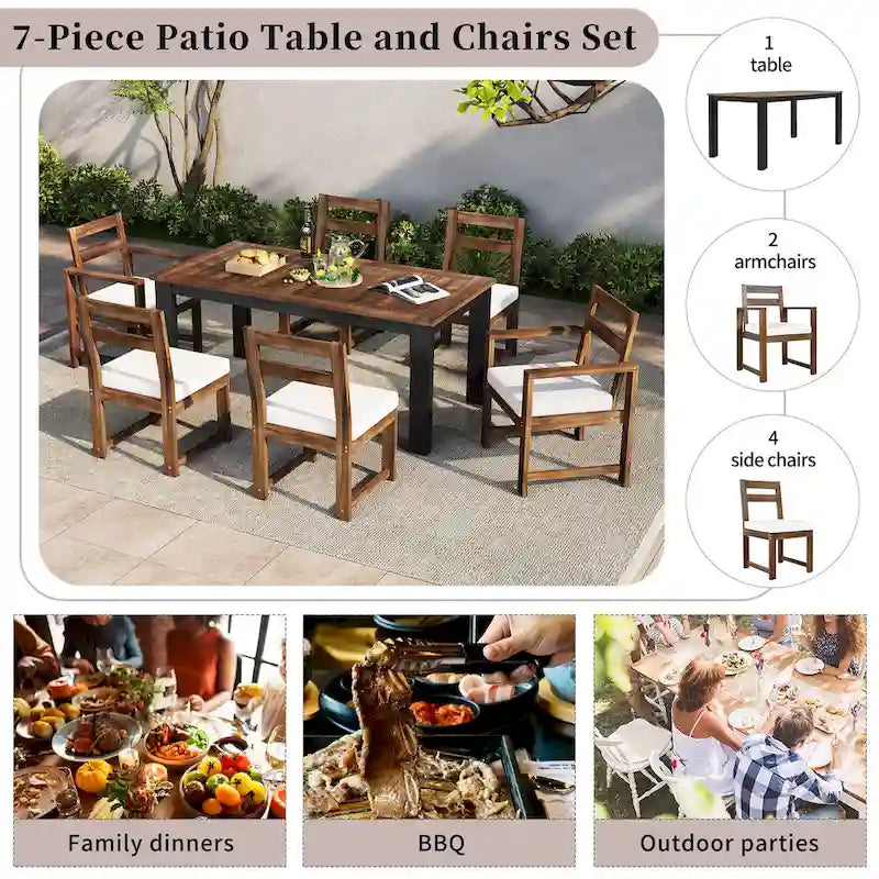 Ensemble de salle à manger d'extérieur 7 pièces en bois d'acacia avec trou pour parasol, 2 fauteuils et 4 chaises sans accoudoirs