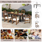 Ensemble de salle à manger d'extérieur 7 pièces en bois d'acacia avec trou pour parasol, 2 fauteuils et 4 chaises sans accoudoirs