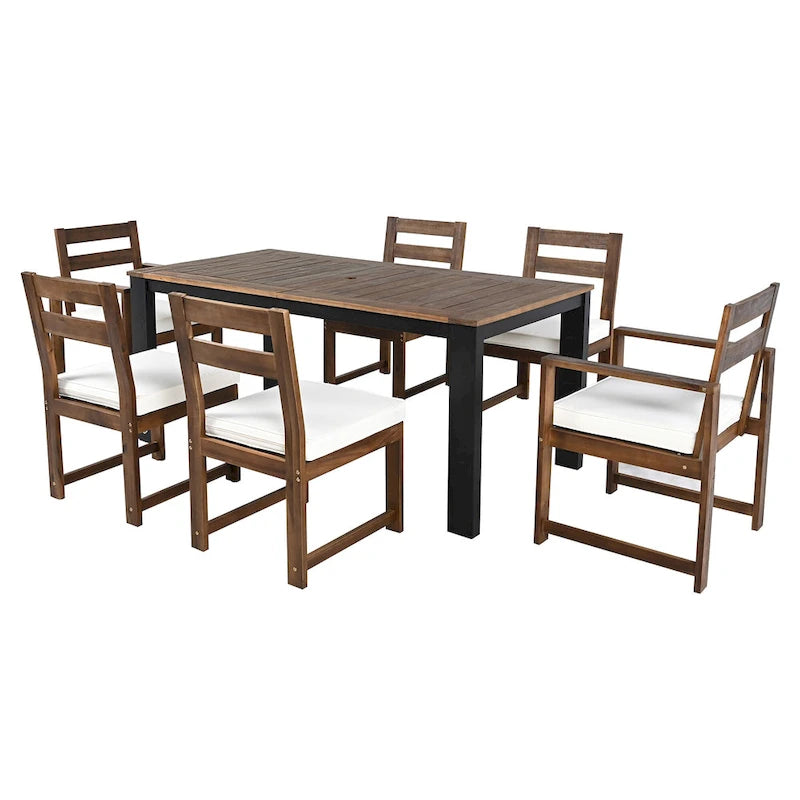 Ensemble de salle à manger d'extérieur 7 pièces en bois d'acacia avec trou pour parasol, 2 fauteuils et 4 chaises sans accoudoirs