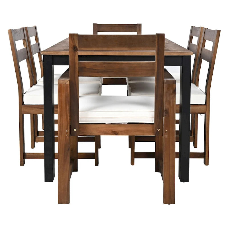 Ensemble de salle à manger d'extérieur 7 pièces en bois d'acacia avec trou pour parasol, 2 fauteuils et 4 chaises sans accoudoirs