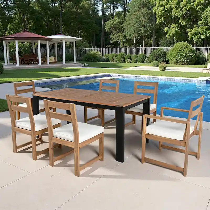 Ensemble de salle à manger d'extérieur 7 pièces en bois d'acacia avec trou pour parasol, 2 fauteuils et 4 chaises sans accoudoirs