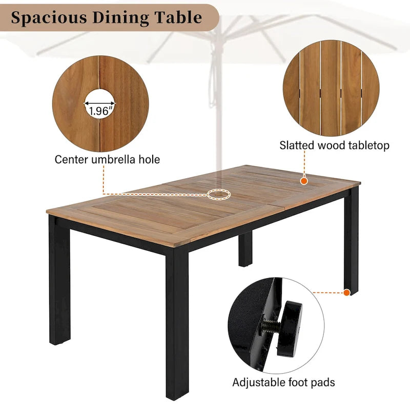 Ensemble de salle à manger d'extérieur 7 pièces en bois d'acacia avec trou pour parasol, 2 fauteuils et 4 chaises sans accoudoirs