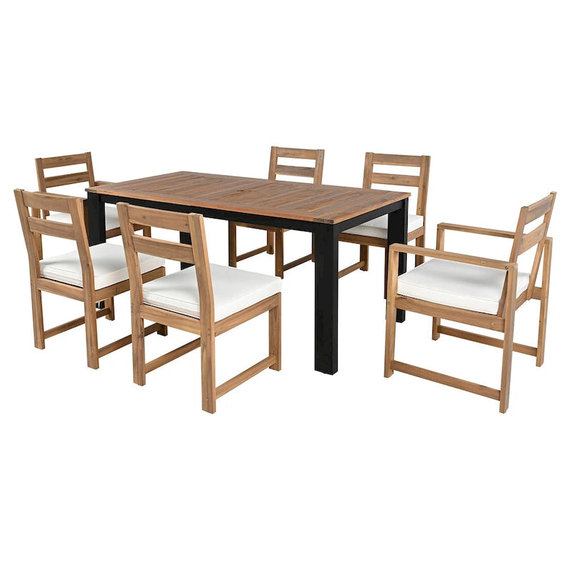 Ensemble de salle à manger d'extérieur 7 pièces en bois d'acacia avec trou pour parasol, 2 fauteuils et 4 chaises sans accoudoirs
