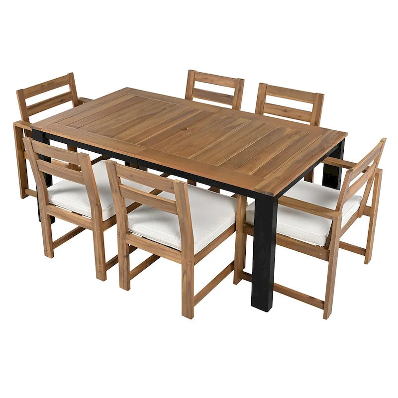 Ensemble de salle à manger d'extérieur 7 pièces en bois d'acacia avec trou pour parasol, 2 fauteuils et 4 chaises sans accoudoirs