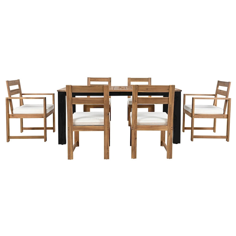 Ensemble de salle à manger d'extérieur 7 pièces en bois d'acacia avec trou pour parasol, 2 fauteuils et 4 chaises sans accoudoirs