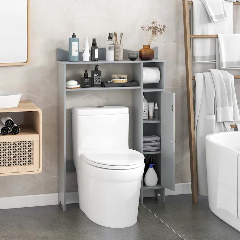Meuble de rangement WC en MDF gris avec 2 étagères réglables, armoire latérale et porte-rouleau de papier toilette