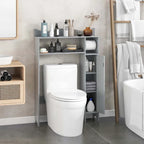 Meuble de rangement WC en MDF gris avec 2 étagères réglables, armoire latérale et porte-rouleau de papier toilette