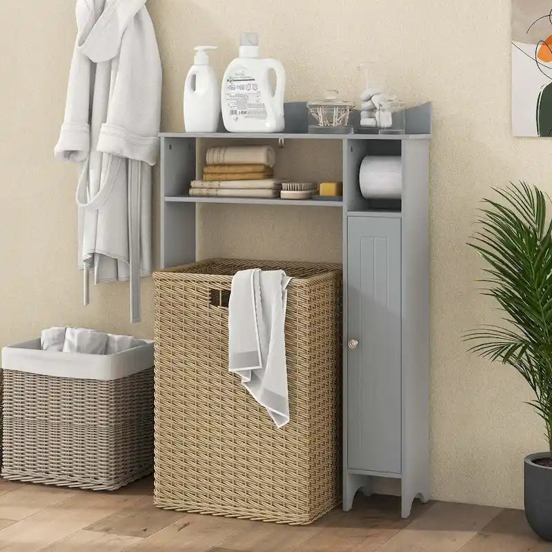 Meuble de rangement WC en MDF gris avec 2 étagères réglables, armoire latérale et porte-rouleau de papier toilette