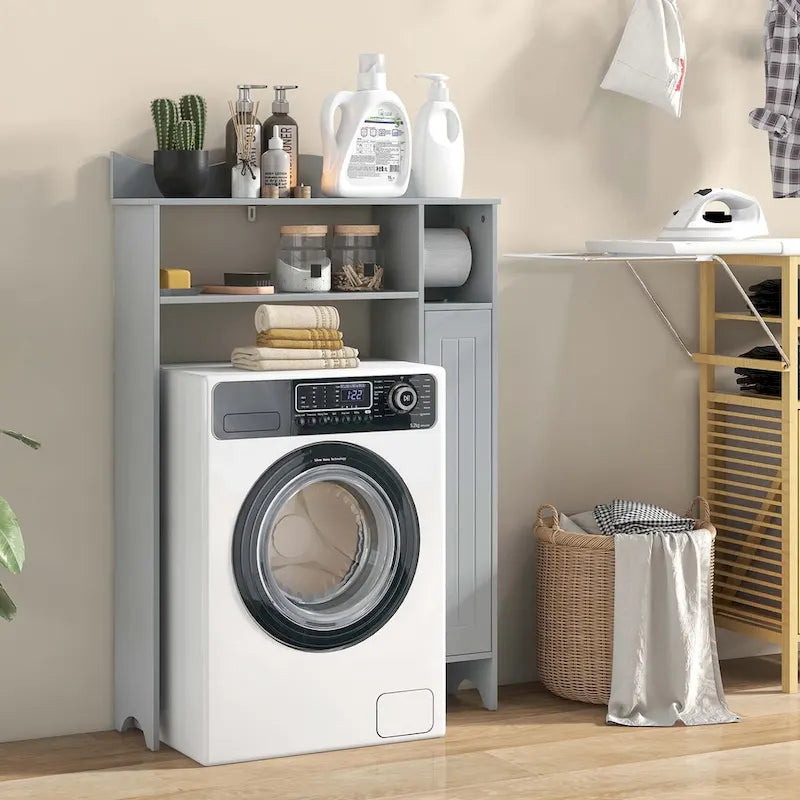 Meuble de rangement WC en MDF gris avec 2 étagères réglables, armoire latérale et porte-rouleau de papier toilette
