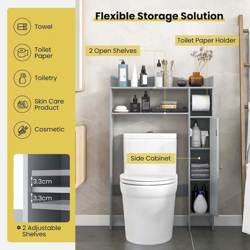 Meuble de rangement WC en MDF gris avec 2 étagères réglables, armoire latérale et porte-rouleau de papier toilette