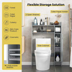 Meuble de rangement WC en MDF gris avec 2 étagères réglables, armoire latérale et porte-rouleau de papier toilette
