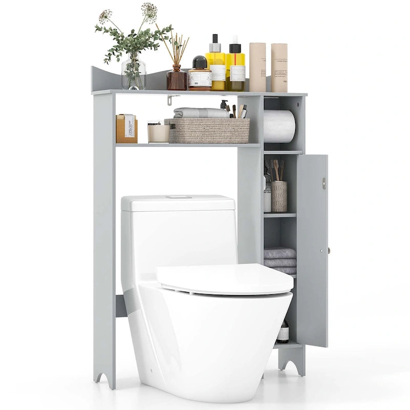 Meuble de rangement WC en MDF gris avec 2 étagères réglables, armoire latérale et porte-rouleau de papier toilette