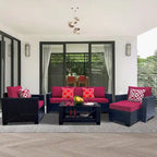 Ensemble de meubles de patio 7 pièces, canapé d'angle d'extérieur en rotin PE avec 2 fauteuils et table en verre trempé