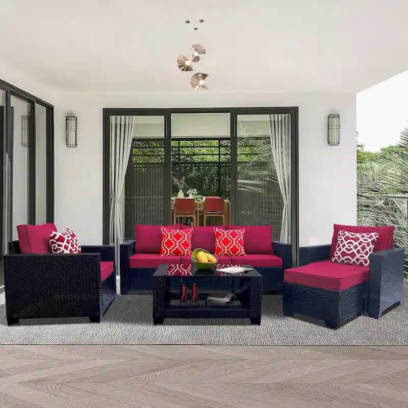 Ensemble de meubles de patio 7 pièces, canapé d'angle d'extérieur en rotin PE avec 2 fauteuils et table en verre trempé