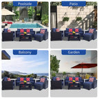 Ensemble de meubles de patio 7 pièces, canapé d'angle d'extérieur en rotin PE avec 2 fauteuils et table en verre trempé