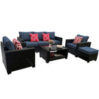 Ensemble de meubles de patio 7 pièces, canapé d'angle d'extérieur en rotin PE avec 2 fauteuils et table en verre trempé