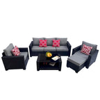 Ensemble de meubles de patio 7 pièces, canapé d'angle d'extérieur en rotin PE avec 2 fauteuils et table en verre trempé
