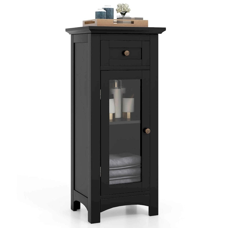 Meuble bas de salle de bain en MDF marron/noir avec porte en verre trempé, tiroir et étagère réglable