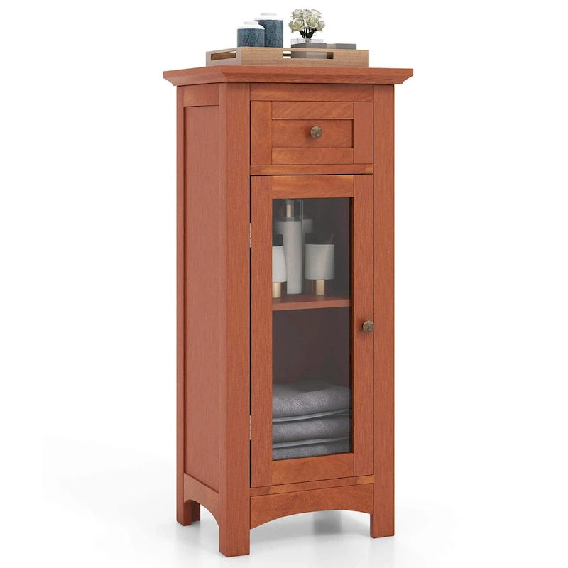 Meuble bas de salle de bain en MDF marron/noir avec porte en verre trempé, tiroir et étagère réglable