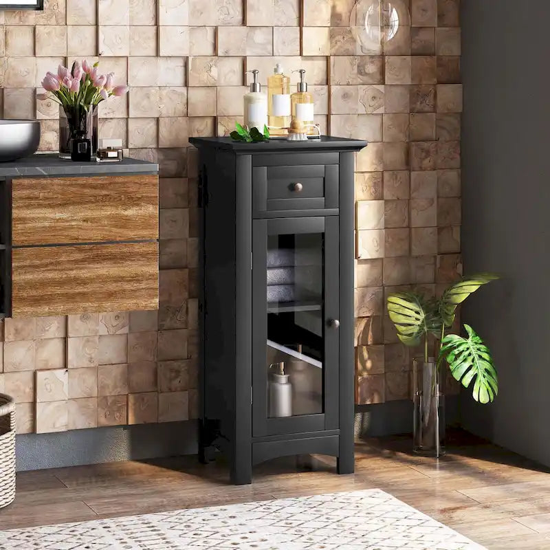 Meuble bas de salle de bain en MDF marron/noir avec porte en verre trempé, tiroir et étagère réglable
