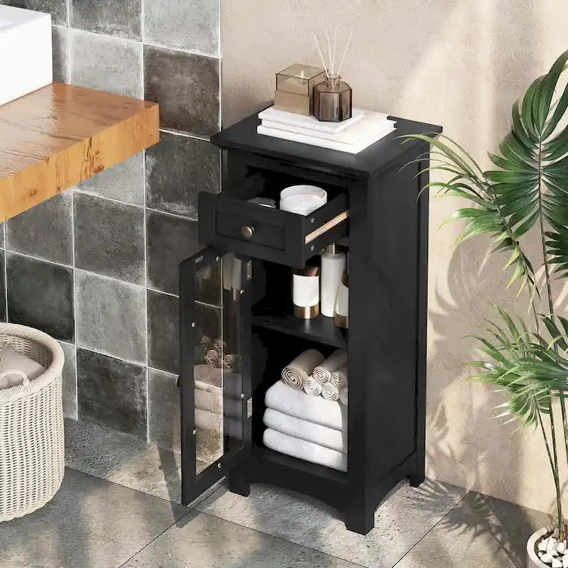 Meuble bas de salle de bain en MDF marron/noir avec porte en verre trempé, tiroir et étagère réglable