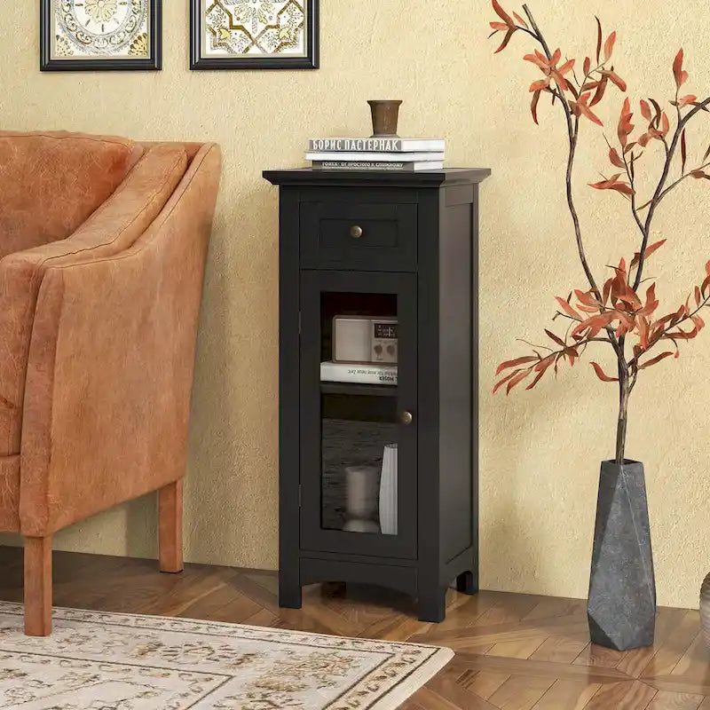 Meuble bas de salle de bain en MDF marron/noir avec porte en verre trempé, tiroir et étagère réglable