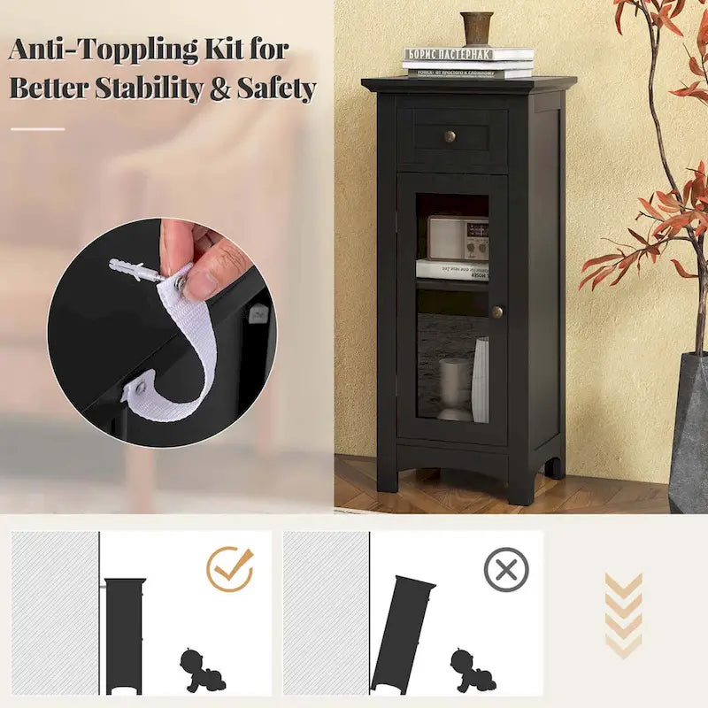 Meuble bas de salle de bain en MDF marron/noir avec porte en verre trempé, tiroir et étagère réglable