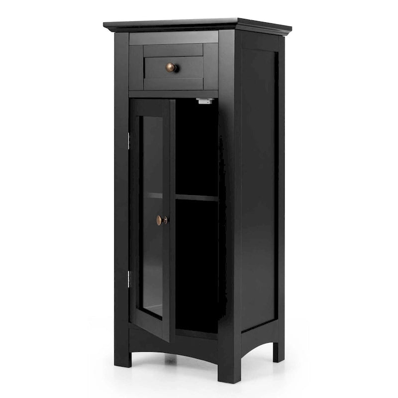 Meuble bas de salle de bain en MDF marron/noir avec porte en verre trempé, tiroir et étagère réglable