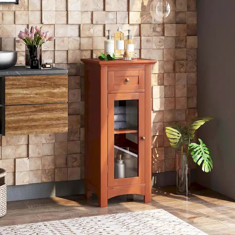 Meuble bas de salle de bain en MDF marron/noir avec porte en verre trempé, tiroir et étagère réglable