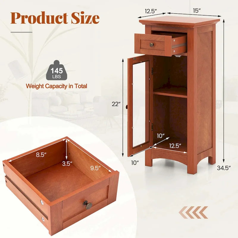 Meuble bas de salle de bain en MDF marron/noir avec porte en verre trempé, tiroir et étagère réglable