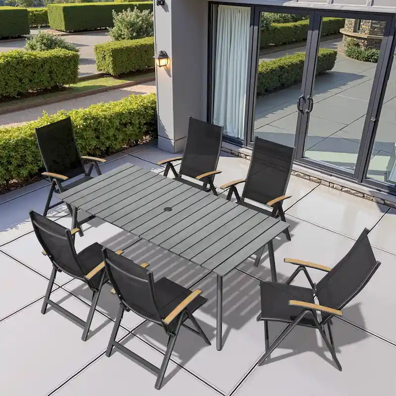 Table de salle à manger rectangulaire d'extérieur en aluminium de 7/9 pièces avec trou pour parasol et chaises pliantes incluses