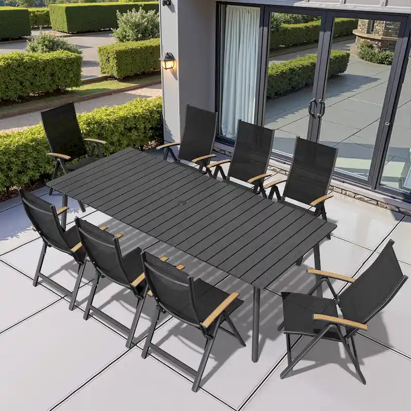 Table de salle à manger rectangulaire d'extérieur en aluminium de 7/9 pièces avec trou pour parasol et chaises pliantes incluses