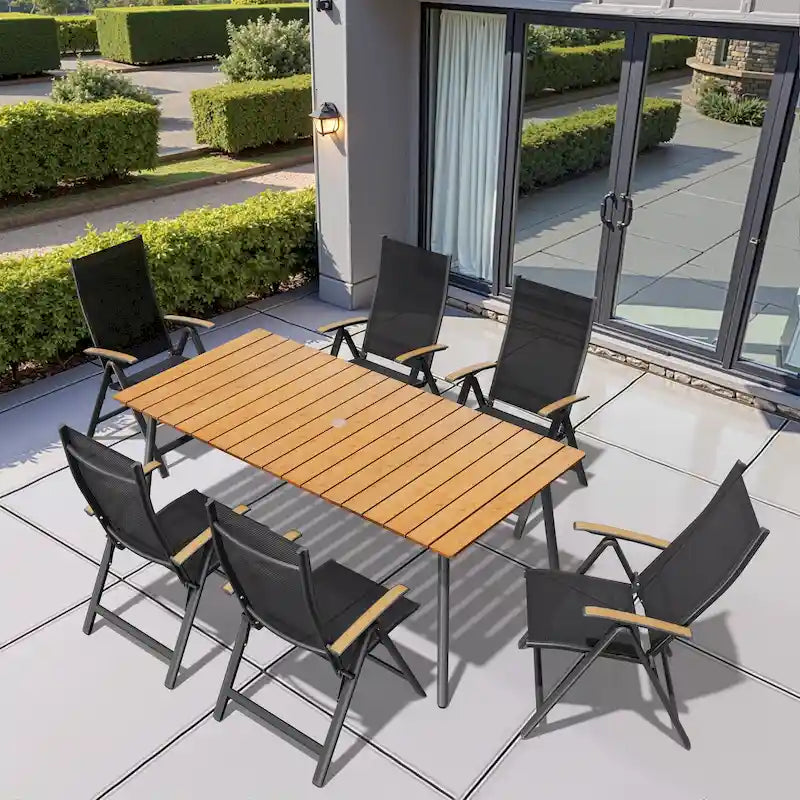 Table de salle à manger rectangulaire d'extérieur en aluminium de 7/9 pièces avec trou pour parasol et chaises pliantes incluses